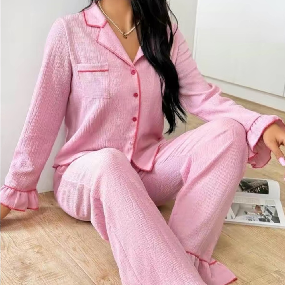 Pink Flounce Sleeve Pijama Set